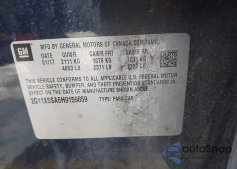 2017 Chevrolet Impala 1Fl z USA, uszkodzony, nr VIN 2G11X5SA6H9159859